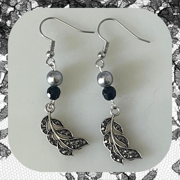 Handmade Lightweight Silver Leaf Earrings with Rhinestones & Beads - Picture 1 of 10